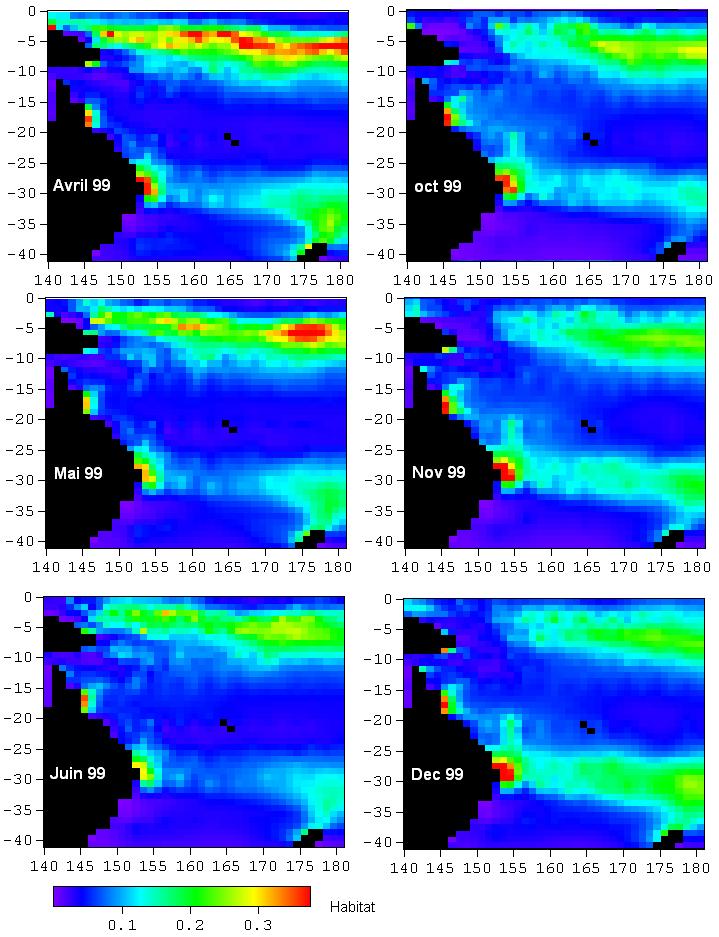 Mean monthly distributions of the tuna habitats predicted by the SEPODYM model developed by the SPC s Oceanic Fisheries Programme