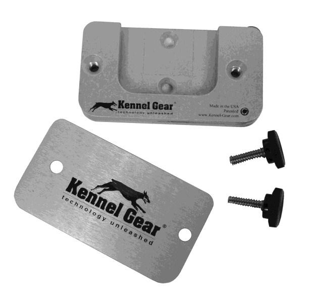 The Kennel Bar Mount easily attaches by holding the Surface Mount on one side and the back plate on the other, then tightening the thumbscrews. Also available in plastic.