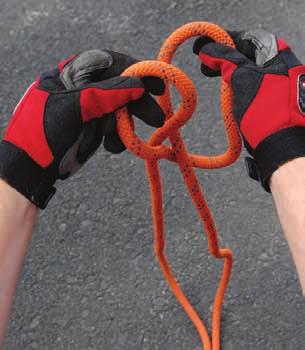 Make the first loop with the left hand and have the running part of the rope pass over the working part. (Step 1) NFPA 1006, (5.
