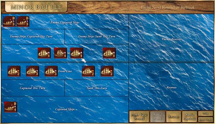 There are several phases in each round of a Naval Battle: 1a. Initial Setup (on turn one) 1b. Movement to the Line of Battle from the Reserve Area (on subsequent turns). 2. Firing 3.