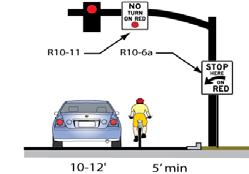 Signage: Appropriate signage as recommended by the CA MUTCD applies. Signage should be present to prevent right turn on red and to indicate where the motorist must stop.