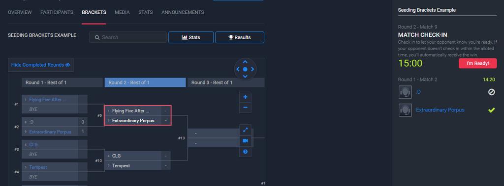5. Match Navigation Once the tournament has started, and after the organizer has seeded and started the bracket, each team/player in the bracket will receive a notification card indicating their next