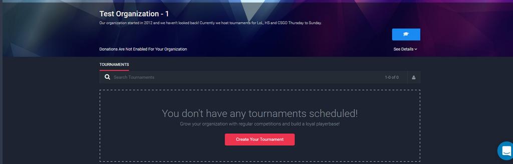 3. Create Tournament Either by clicking on the organize navigation