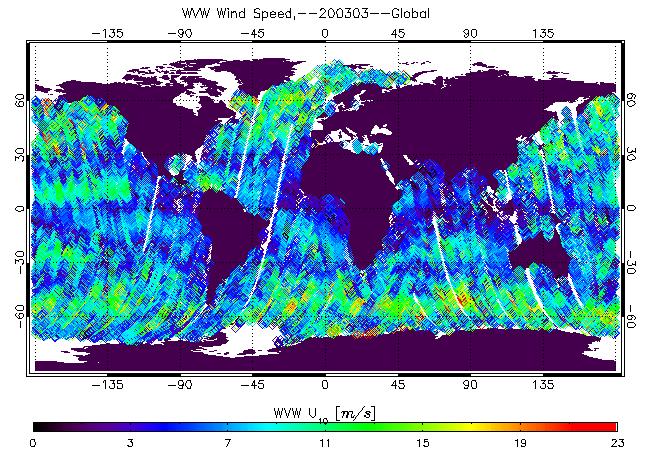a) b) Fig.. Global map of ASAR WVW (a) and ECMWF (b) wind peed from March 2003. domain.