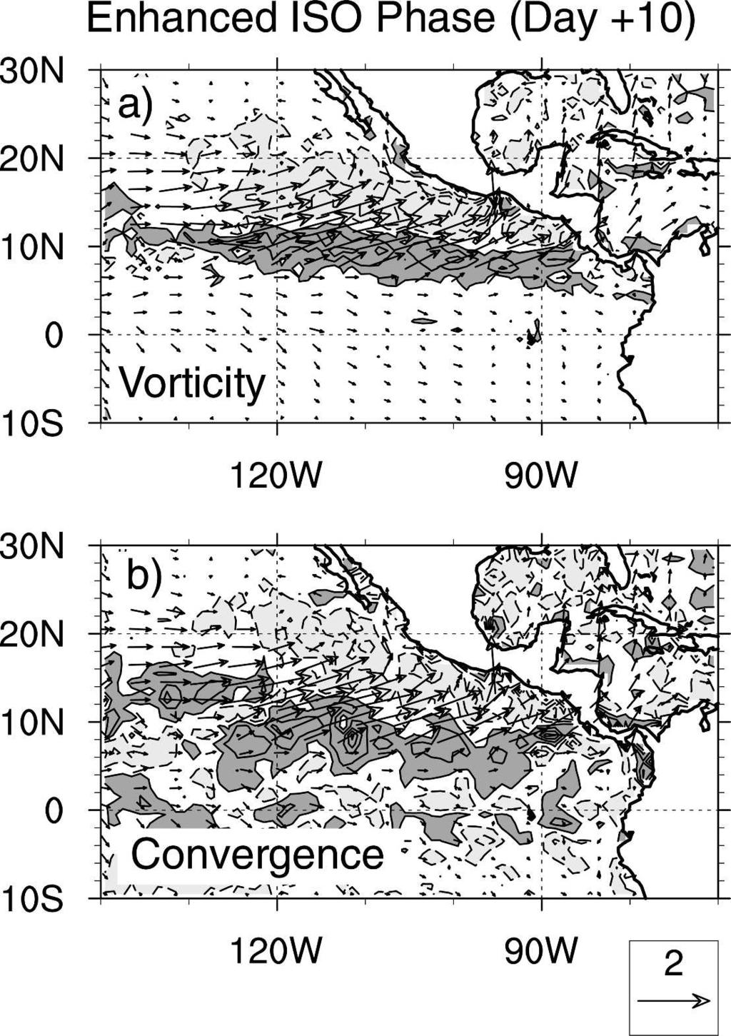 JANUARY 2007 M A L O N E Y A N D E S B E N S E N 15 FIG. 10. Intraseasonal (a) vorticity and (b) convergence anomalies regressed against the ISO index of ME03 at a lag of 10 days.