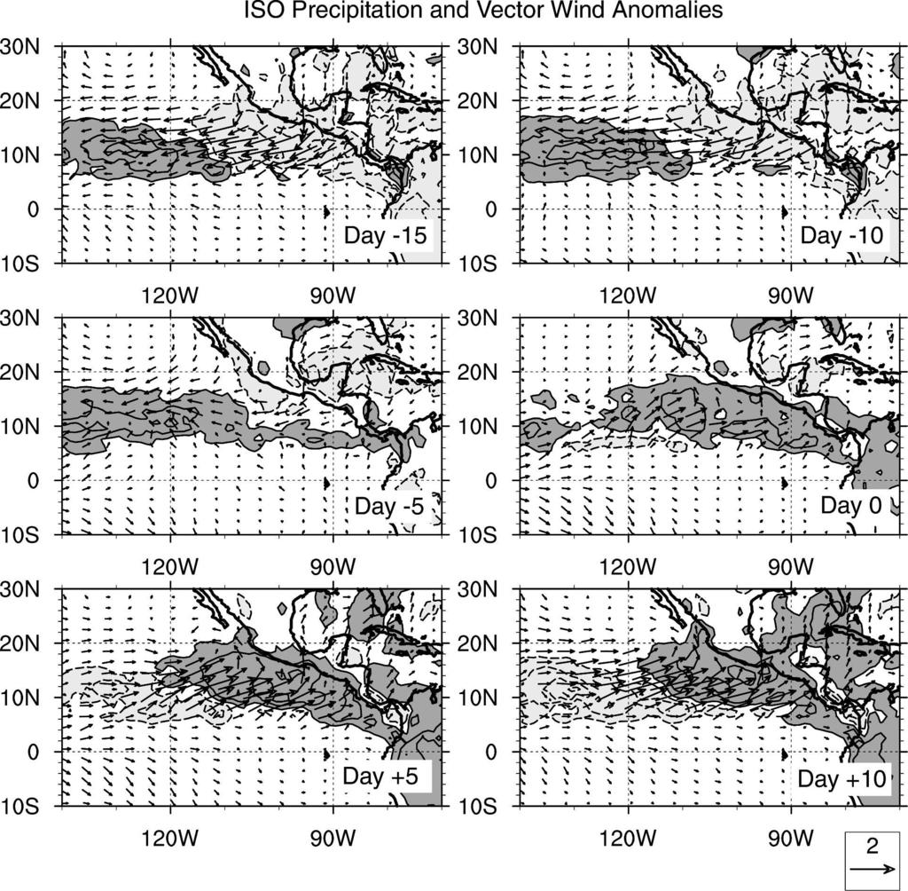 JANUARY 2007 M A L O N E Y A N D E S B E N S E N 7 FIG. 2. Intraseasonal QuikSCAT vector wind and TRMM precipitation anomalies regressed against the ISO index of ME03 at lags of 15, 10, 5, 0, 5, and 10 days.