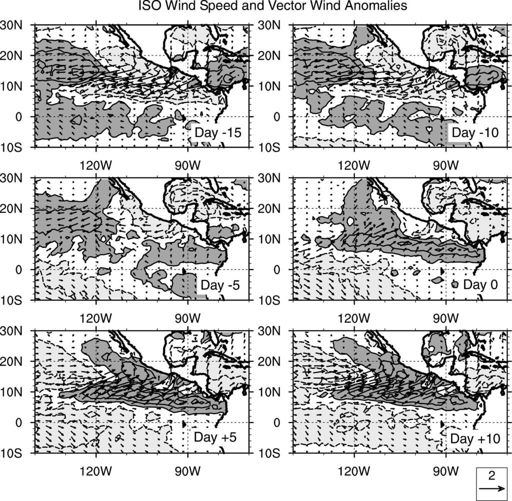 JANUARY 2007 M A L O N E Y A N D E S B E N S E N 9 FIG. 3. Intraseasonal vector wind and wind speed anomalies regressed against the ISO index of ME03 at lags of 15, 10, 5, 0, 5, and 10 days.