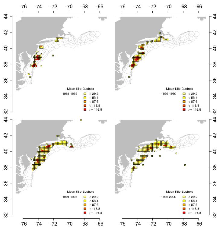 Figure 7. Average ocean quahog landings by ten-minute squares over time, 1981-2000.
