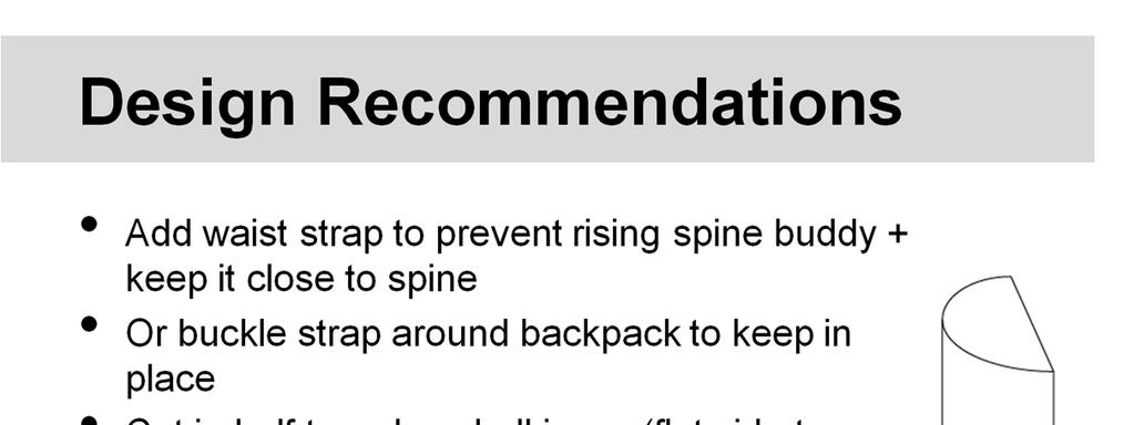 Study 1 + 2 results provide preliminary basis for improvement in civilian + hiking backpack contexts: - Waist strap would maximize the stretching effect on the spine and fixed in the right place in