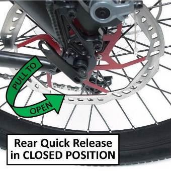 Locate the quick release lever on the left side of the bicycle (opposite the chain side) and pull the quick release lever open and away from the frame.