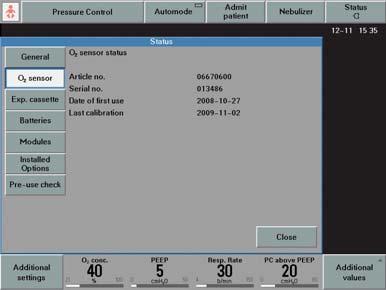 2 Overview of Ventilator O 2 CELL Information is displayed about: Article number Serial number Batch number Date of first