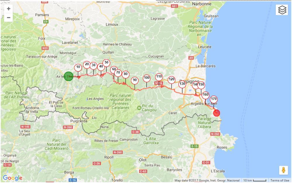 Day 5 (150km, 2,800m) Ax les Thermes to Saint Cyprien A few more hills to cross and then we head for the seaside.