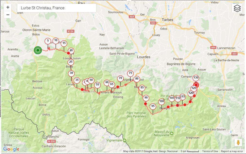 Day 2 (130km, 3,640m) Lurbe St Christau to Ste Marie de Campan The second day is a tough one.