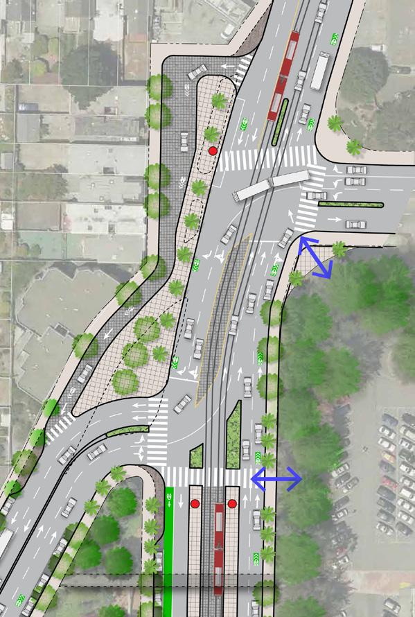 The proposed design for Ocean Avenue includes pedestrian safety improvements and amenities at intersections, sidewalk extensions on the south side of Ocean at helan and Howth, planting at medians