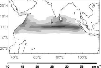 Impact of atmospheric intraseasonal variability FIG. 4. (a) Observed zonal current at 50-m depth in the central equatorial Indian Ocean (0, 80.5 E) during Aug 1993 Jul 1994 (solid curve; Reppin et al.