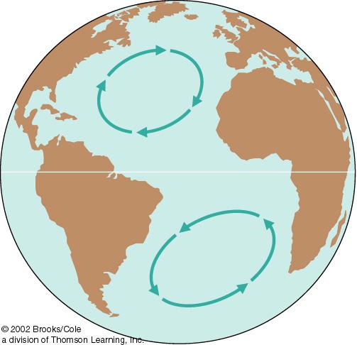 Surface currents are shallow, in the upper few hundred metres of the ocean Clockwise gyres in North Atlantic and North Pacific Anti-clockwise gyres in South