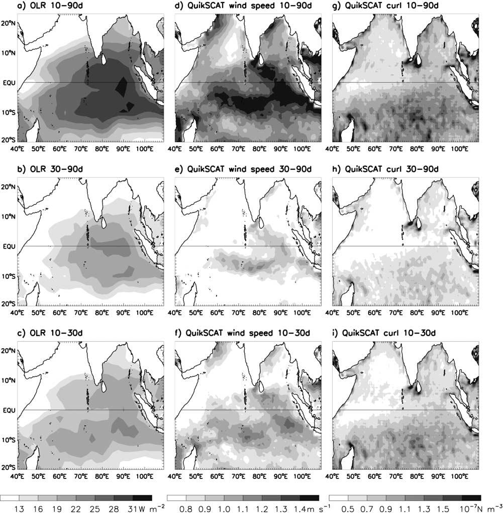 Figure 1. (a) Standard deviation (STD) of 10 90 day band-pass-filtered OLR over the tropical Indian Ocean during boreal winter (November April) for the period 1999 2003 (see section 3.