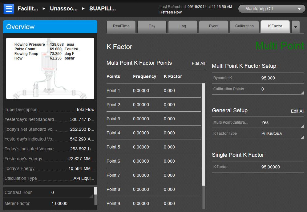 Single Point K Factor Points MultiPoint K Factor Setup This field is read only. There is no access to selecting calibration points unless in Multi Point mode.