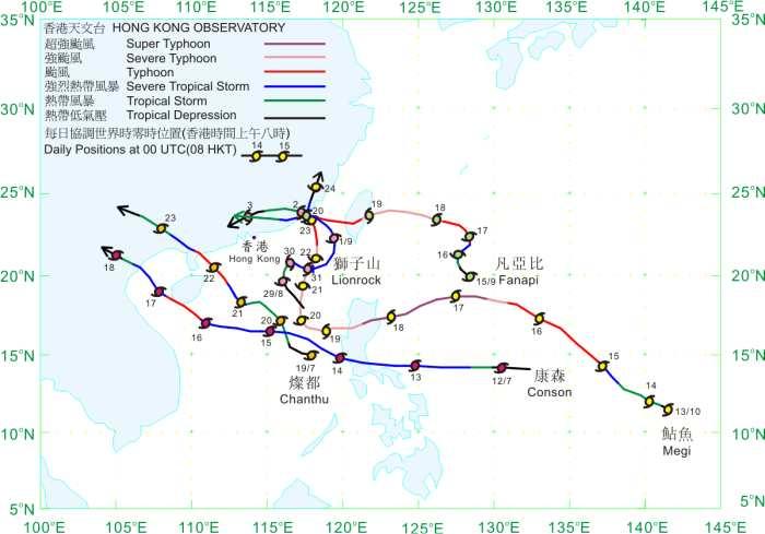 Figure 6-6 The paths of 5 typhoons in 2010 South China Sea (http://gb.weather.gov.hk/publica/tc/tc2010/chinese/figure22_uc.htm) 6.