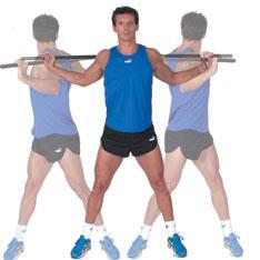 Easy Bar Twist 1. Stand with both feet facing forward, double shoulder-width apart, with legs slightly bent. 2.