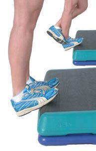 Easy Calf Raise Down 1. Stand on a raised platform, or curb on the balls of your feet, holding onto a secure object for balance. 2.