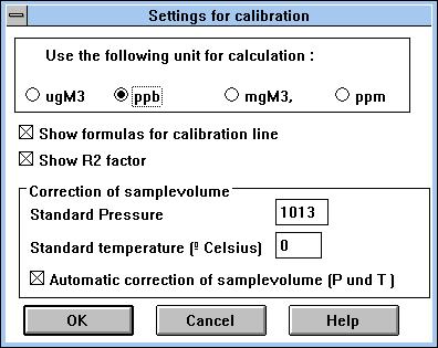 Settings for the calibration line The measured calibration values are used to make a calibration line.