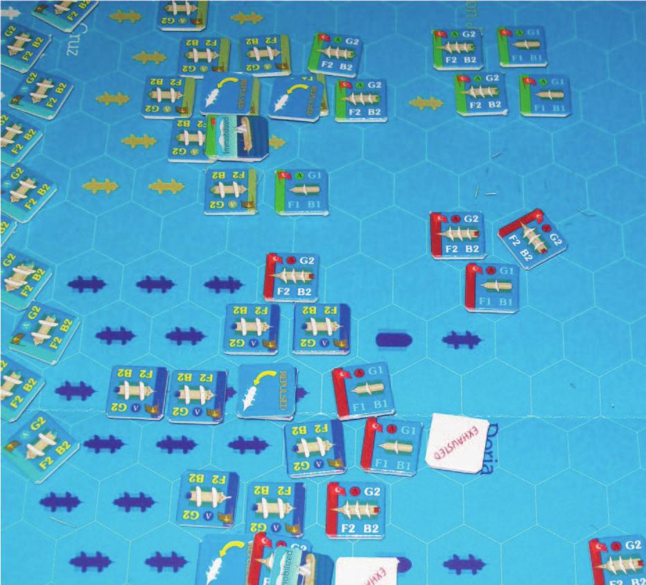 Small-arms fire erupts in the center. Six more of Pasha s ships are sunk, and a number of Don Juan s ships are repulsed.
