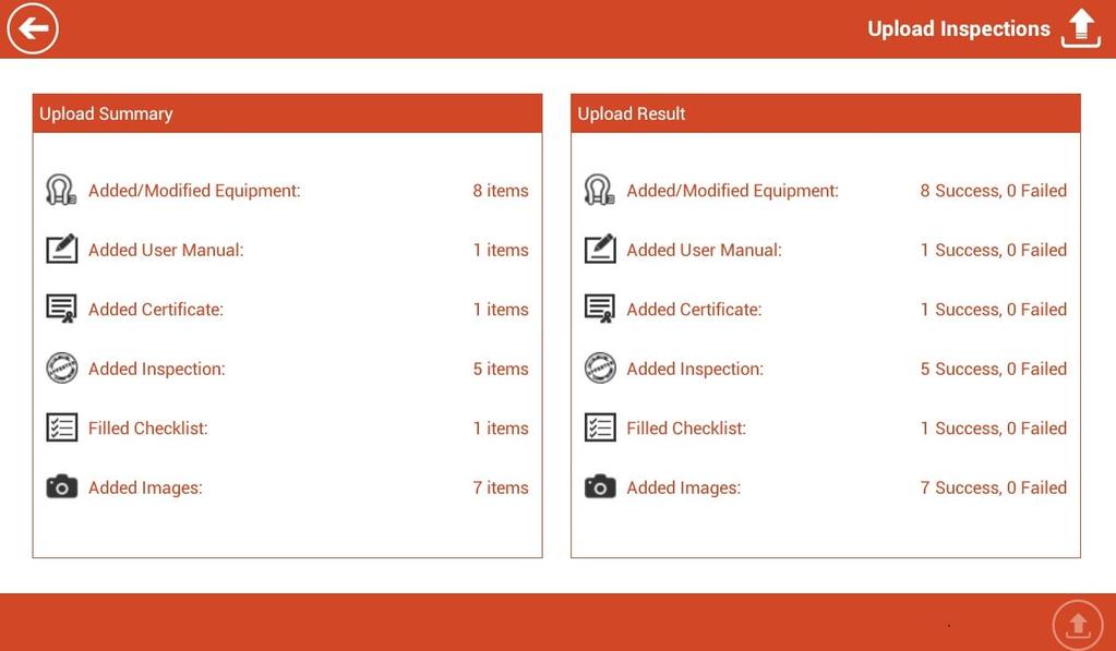 REVIEW INSPECTION After the upload is completed, information in Upload Result pane is updated, and
