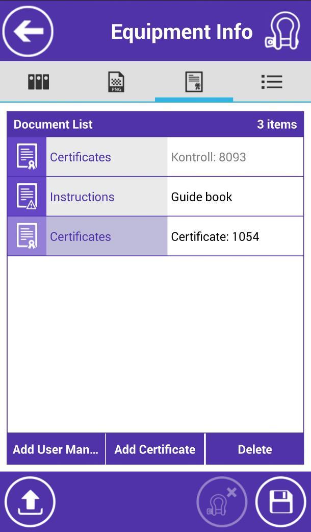 MANAGE EQUIPMENT 3rd tab - Document: - A list of manual/certificate files is displayed.