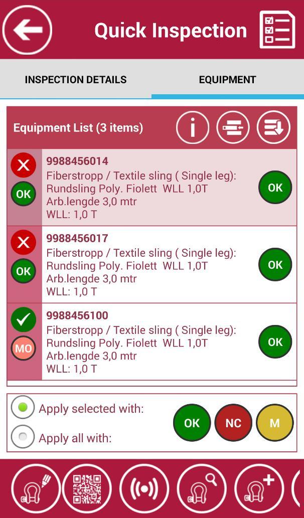 PERFORM QUICK INSPECTION INSPECTION DETAILS Selected equipment are displayed in the Equipment tab, with the following information: - Overdue status (refer to Table 1: Overdue status ) - Equipment