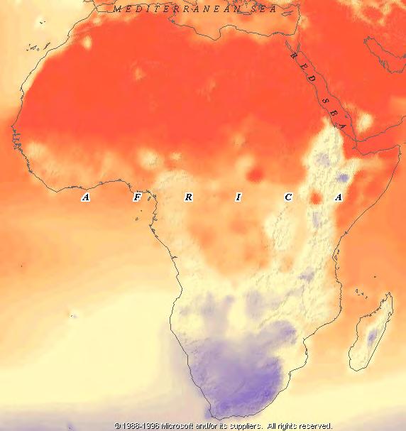 hemisphere, it is the south that is hottest, (shown by the red areas). The Sahara stands out as a cooler, (lighter coloured), area.
