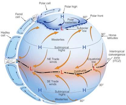 Chapter 10: Global Wind Systems Three-cell model of atmospheric circulation Intertropical Convergence Zone (ITCZ) Typical surface wind patterns Upper-level pressure and winds Climatological sea-level