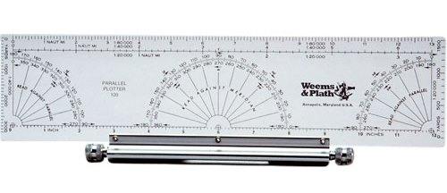 Parallel rulers are always walked so that the top or lower edge intersects the compass rose center to obtain accurate courses. E.3.e. Course Plotter A course plotter may be used for chart work in place of the parallel rulers discussed above.