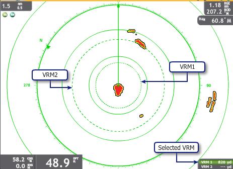 Chapter 3 Navigation C.7.n. Variable Range Marker (VRM) Variable Range Markers (VRM) measure the distance from the boat to a contact.