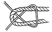 Cross the short end of the thinner rope (A) over the long end and tuck it down through the longer