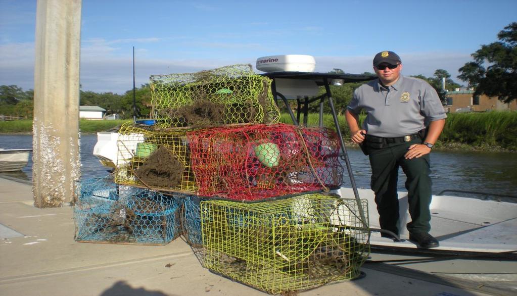 August 25 th, Cpl. Chris Moore and Ranger Jordan Crawford patrolled the Herb River for crab fishing violations. The officers confiscated six commercial traps that were being fished illegally.