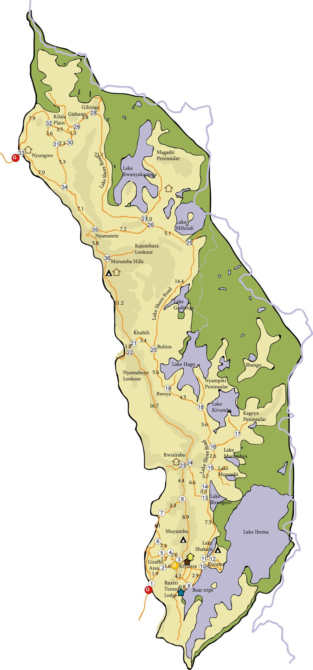 Map 3: Map of present-day Akagera National Park showing the location of wetlands versus dry low-lying areas and hill country (Modified Park Map Courtesy