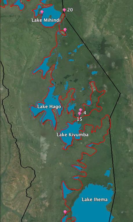 Map 34: The location and number of poachers boats in Akagera National Park observed during the 2013 wildlife census