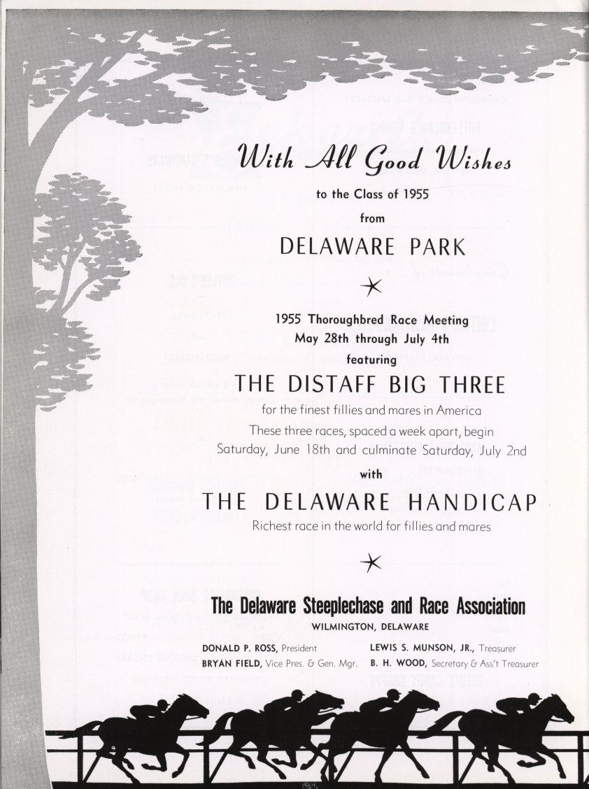 to the Class of 1955 from DELAWARE PARK 1955 Thoroughbred Race Meeting May 28th through July 4th featuring THE DISTAFF BIG THREE for the finest fillies and mares in America These three races, spaced