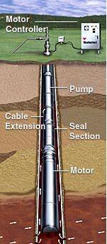 Figure 6 The pump and motor assembly, which may be several hundred feet long, is connected to the surface by an armored cable that provides electric power and control.