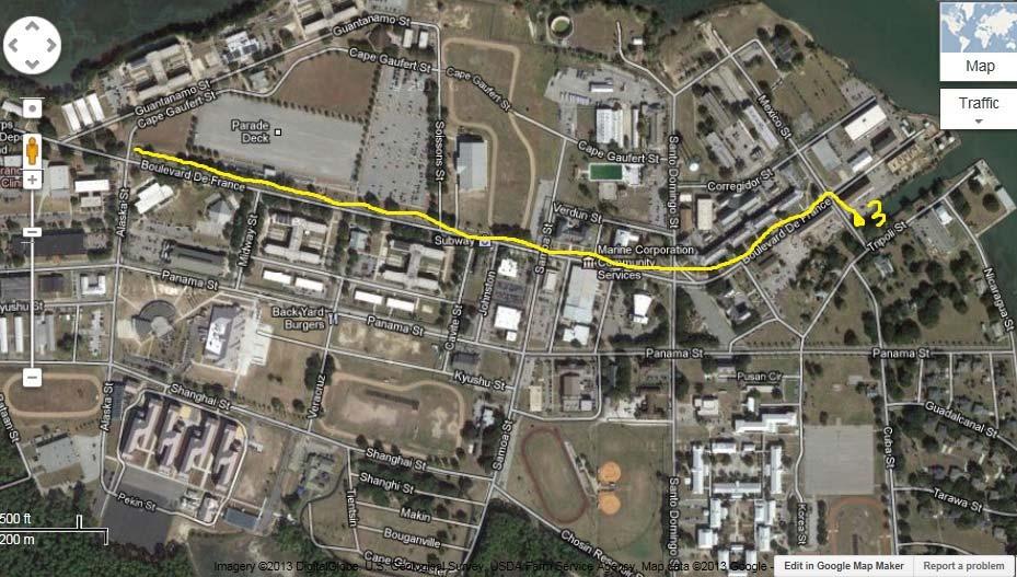 MAP SHOWS BLVD DE FRANCE MARKED IN YELLOW AND THE TURN ONTO MEXICO STREET 3. Markers Near the General's Quarters The name of main road that runs in front of the parade deck is Blvd de France.