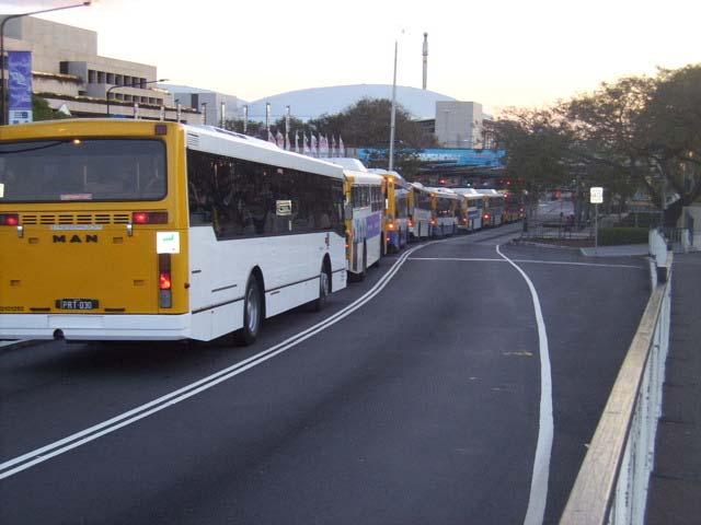 Express buses typically slow to 15 to 30 mph (25 to 50 km/h) within stations, with the lower end applying when pedestrians can cross the busway at grade.