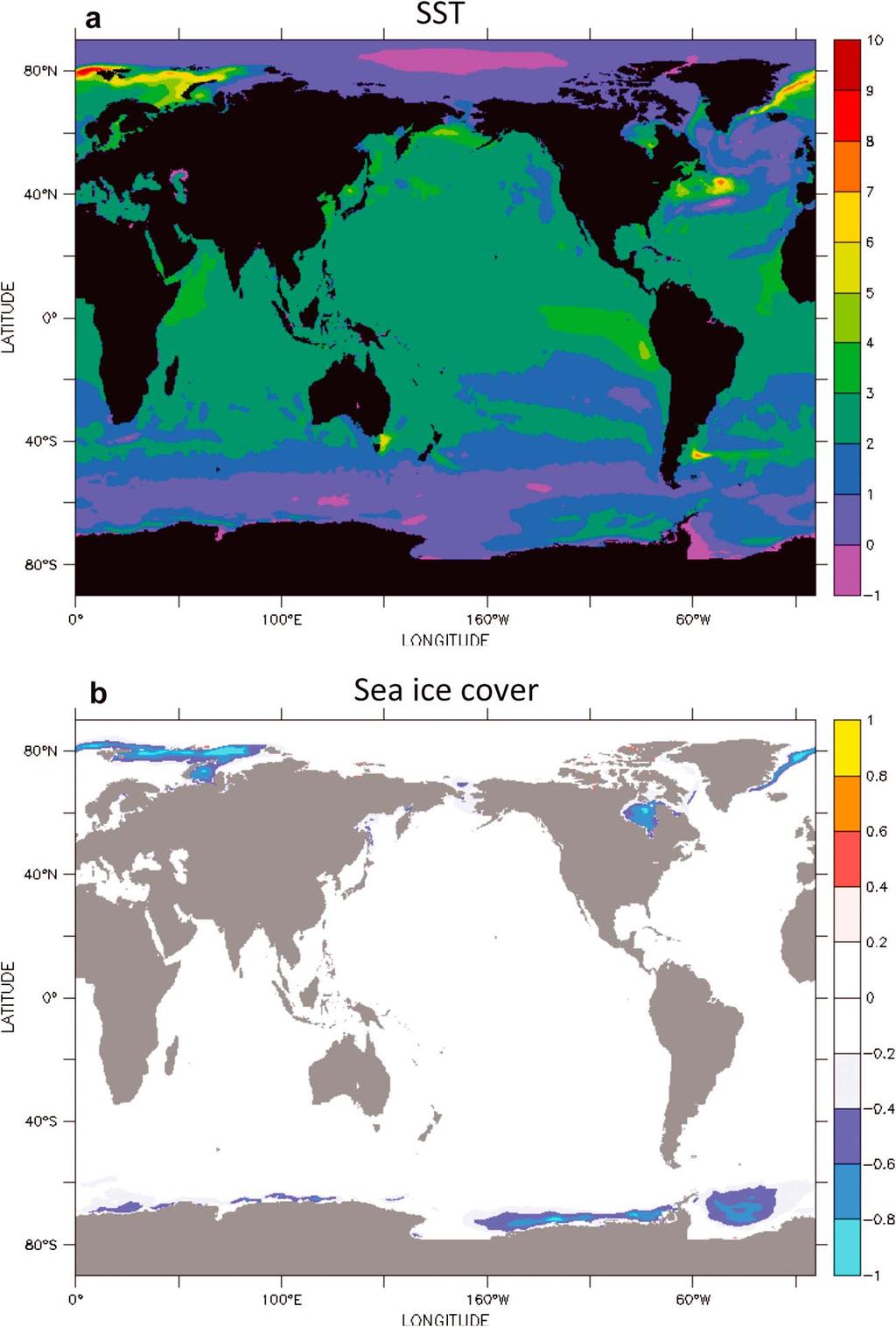 Figure 2. Difference in (a) sea surface temperature (SST) (K) and (b) sea ice cover, between the periods 2094 2098 and 2002 2006 [Sterl et al., 2008].