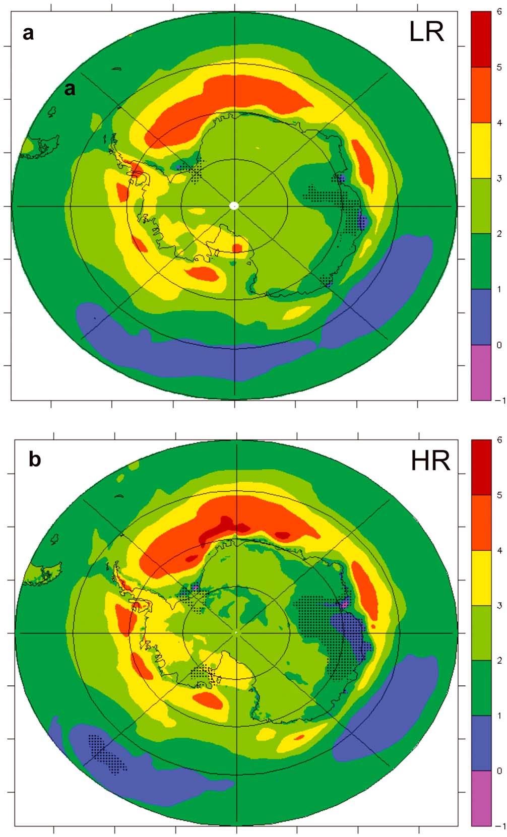 Figure 3. Twenty-first century annual mean changes in surface air temperature (2 m, in K) (2094 2098 average minus 2002 2006 average) for (a) low resolution (LR) and (b) high resolution (HR).