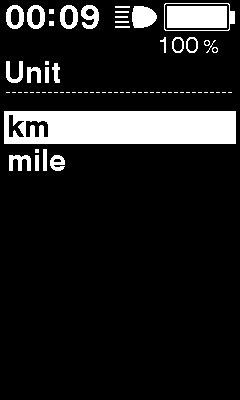 Unit (Enota) Preklapljate lahko med merskimi enotami razdalje (km/milje). 1. S pritiskom na gumb Pomoč-Y ali Pomoč-Z premaknite kazalček na želeno nastavitev.