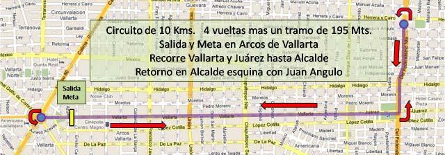 Four laps plus additional 195m Along Vallarta and Juarez as far as Alcalde Streets, return in Alcalde at Juan Angulo.