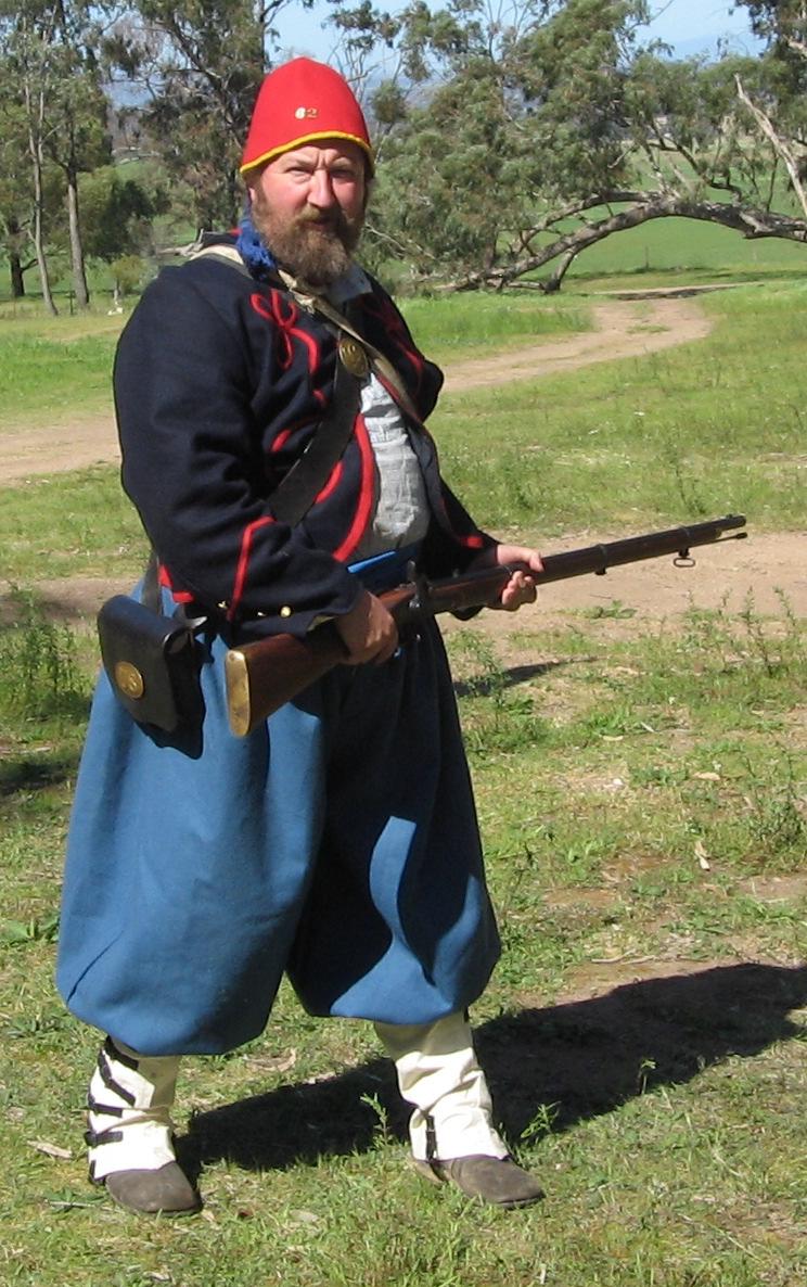 The Line Zouave uniform consists of sky blue chasseur trousers, a short dark blue Zouave jacket and either the chasseur style cap or fez. 3 baggy red Zouave pantaloons with the fez and turban.