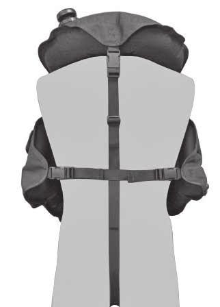 Connect the waist strap male buckle (C) to the female buckle located on the side lobe of the BC. Insert the free end of the back strap through the sewn-in loop (D) on the waist strap. A B 3.