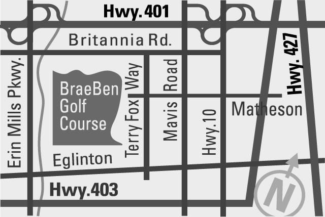 Directions to BraeBen Ben Golf Course 5700 Terry Fox Way,, Mississauga, ON Phone: 905.615.GOLF (4653) Fax: 905.615.4655 Half a kilometre west of Mavis Road on Terry Fox Way, just South of Britannia Road.