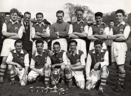 Lancaster Lads Club Old Boys after winning the Senior Challenge Cup 2-1 in 1954 by beating Bentham United in